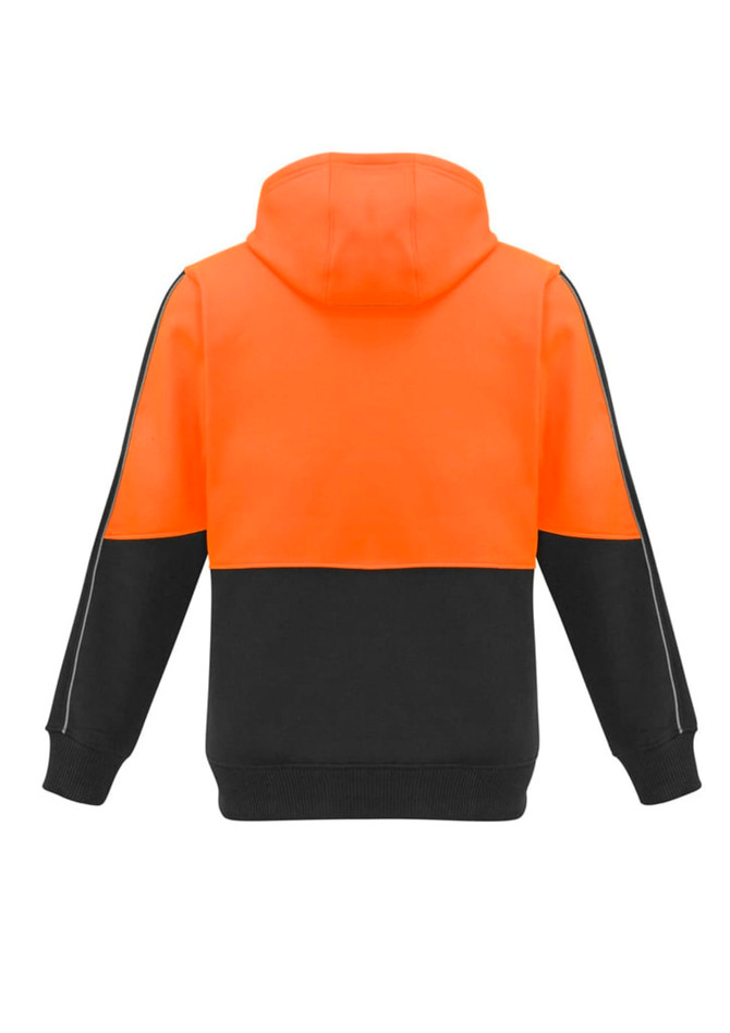 A unisex hi-vis full zip hoodie in orange and black, featuring a hood and a logo.
