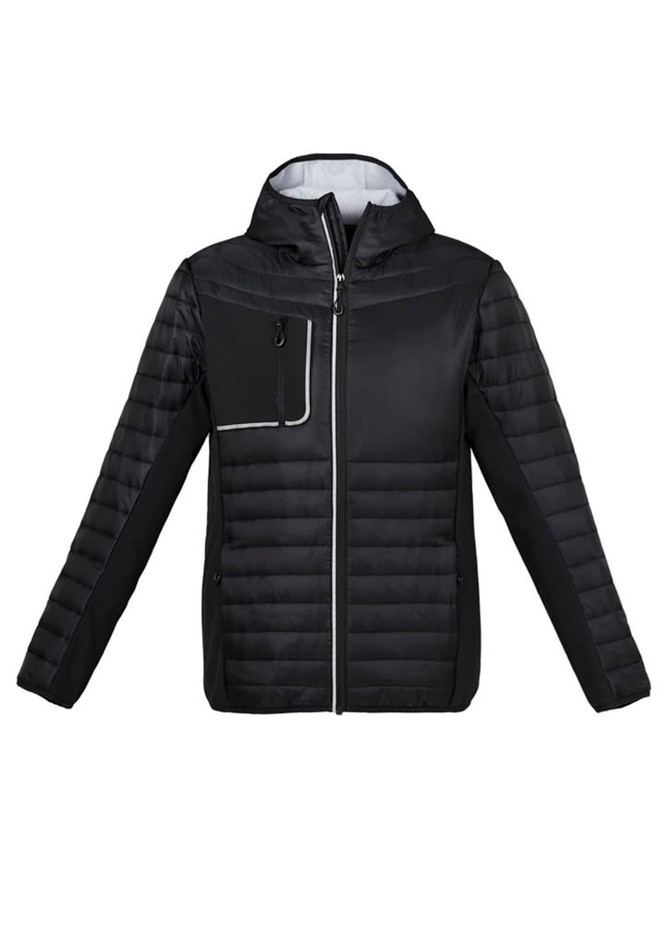 A black unisex patrol jacket featuring a zip front, a hood, and a stylish chest pocket. It has a logo on the design.