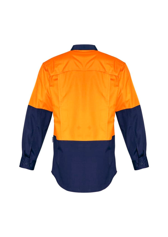 A long sleeve work shirt in orange and navy, featuring a logo on the back and a rugged design.