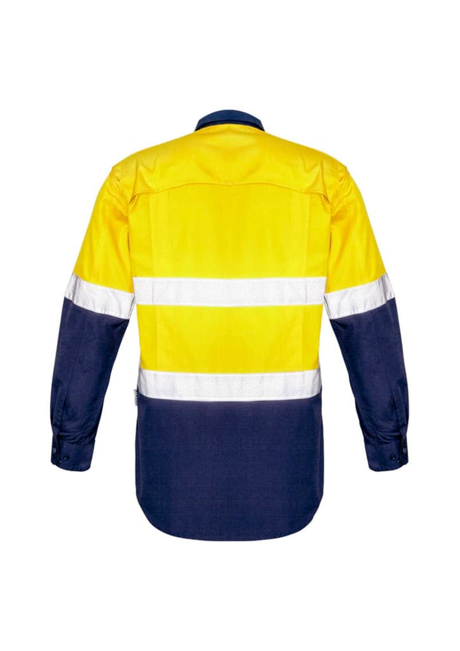A long sleeve shirt featuring a yellow upper section and navy lower section, with reflective tape stripes and a logo.