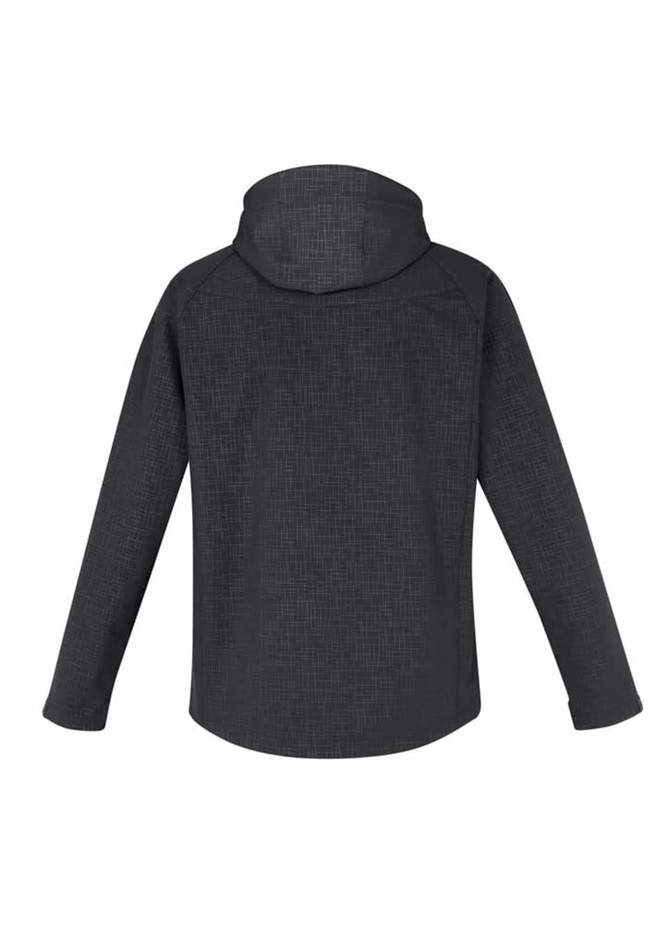 A soft shell jacket in dark grey with a hood, featuring a textured design and a logo on the back.