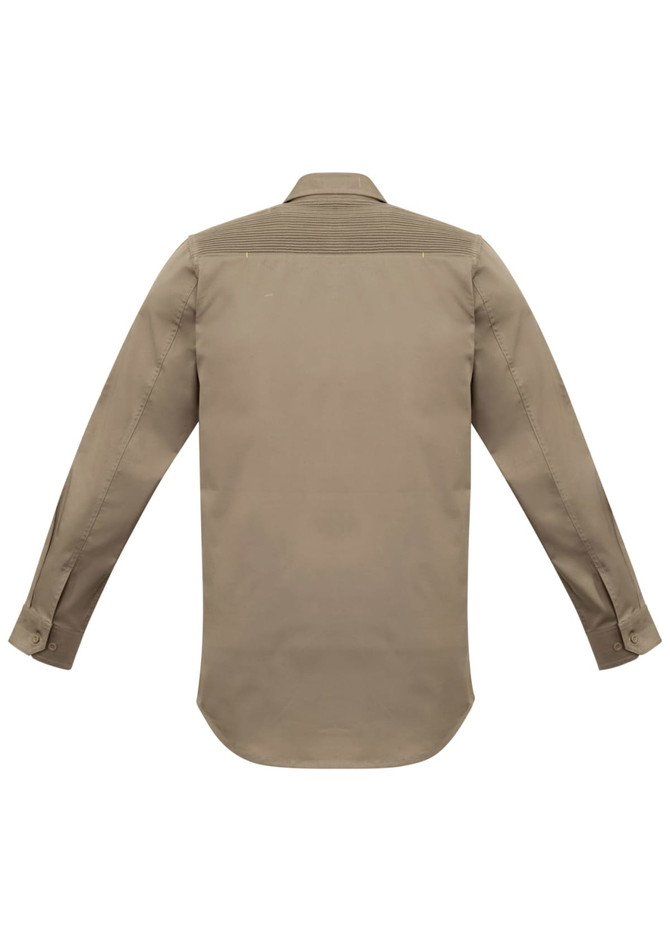 A long-sleeved, stretch shirt in khaki, featuring a back yoke design and including a logo.