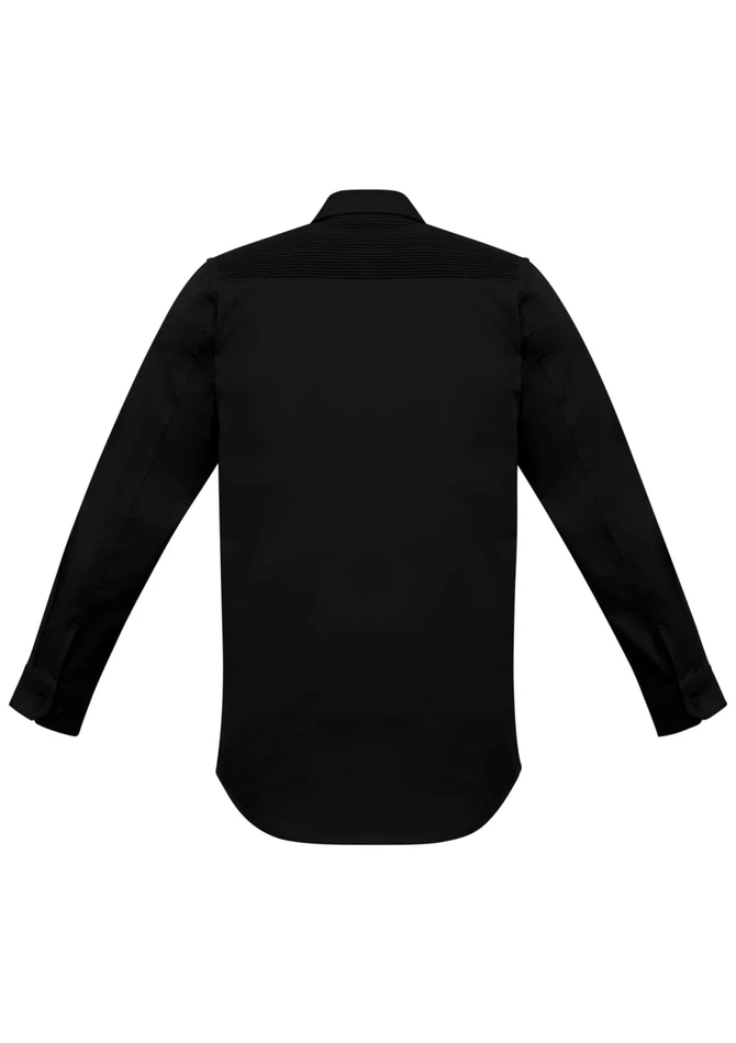 A black long-sleeve shirt featuring a textured back and a collar, designed for workwear. Includes a brand logo.