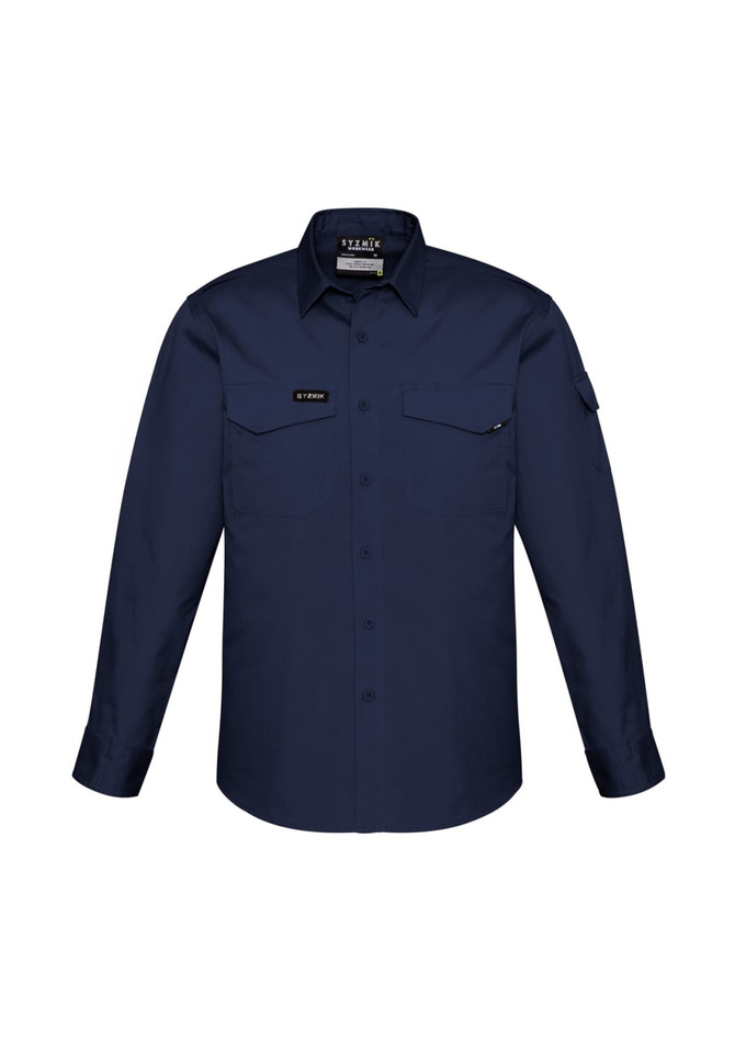 A navy long sleeve button-up shirt featuring two chest pockets and a logo on the upper side.