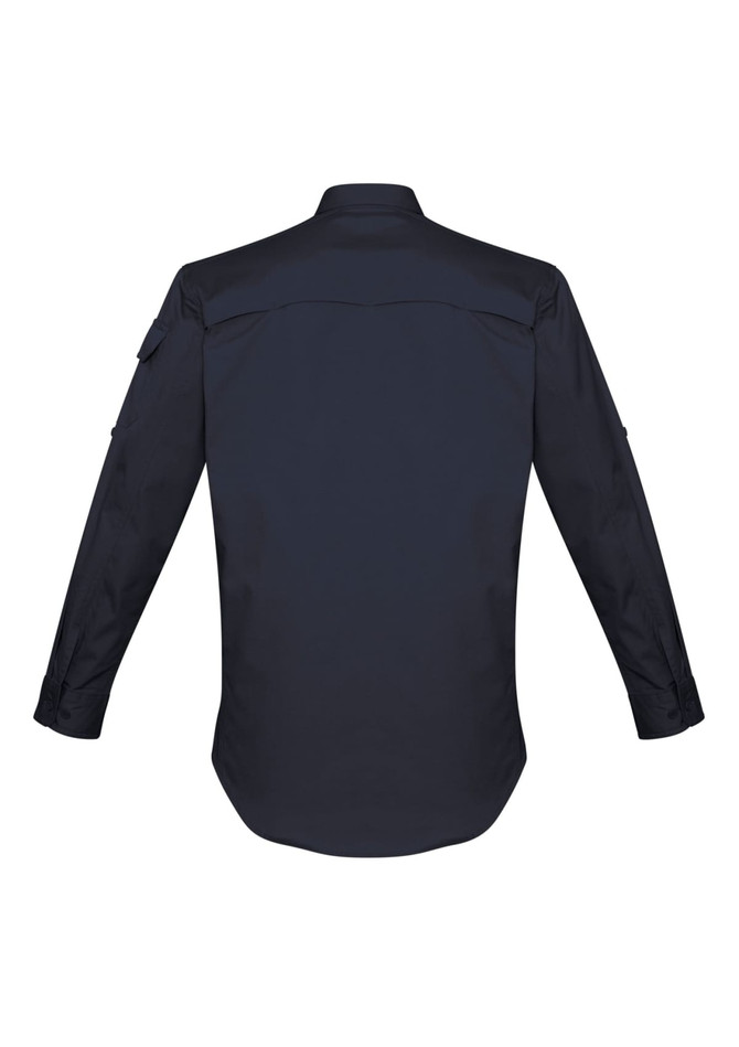 A navy blue men's long sleeve button-up shirt featuring a back yoke and a logo.