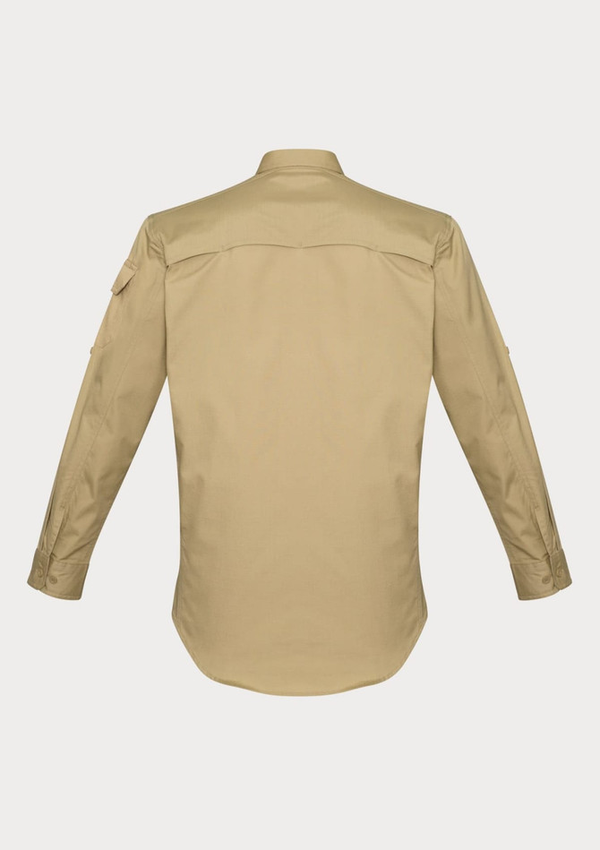 A long-sleeve, button-up shirt in a tan colour, featuring a back yoke and sleeves with pockets. It has a logo.