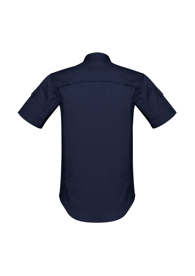 A short sleeve, navy blue men's shirt featuring a classic collar and a back yoke with a logo.