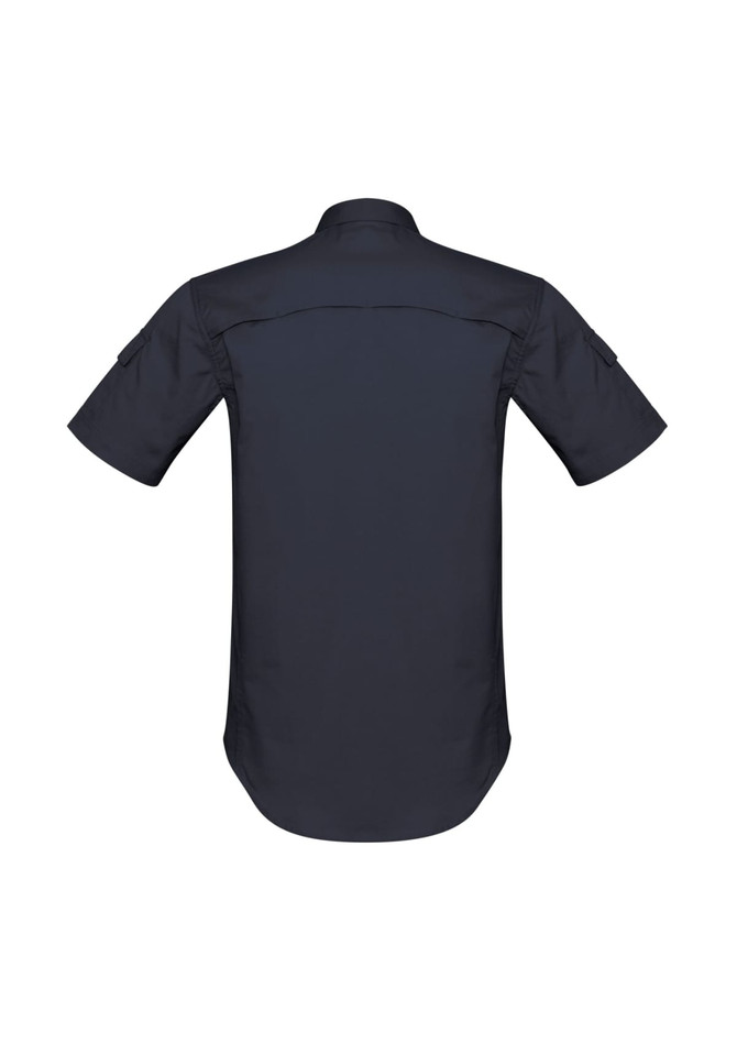 A navy blue men's short sleeve shirt featuring a straight back design and a logo.
