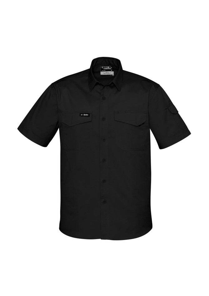 A black short sleeve shirt with a button-up front, two chest pockets, and a logo on the sleeve.