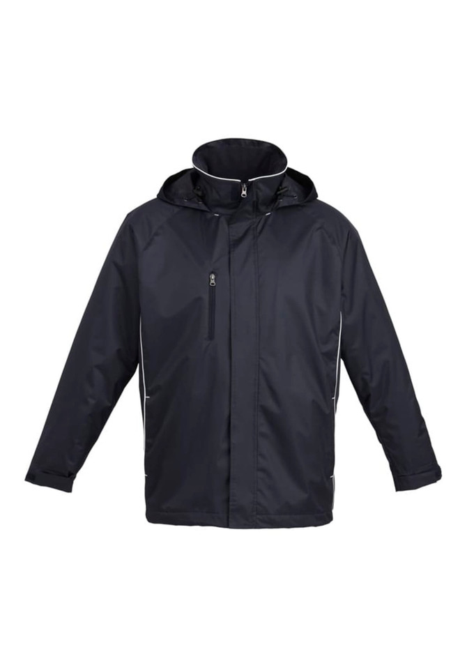 A black unisex jacket featuring a hood and light reflective detailing, with a logo on the front.