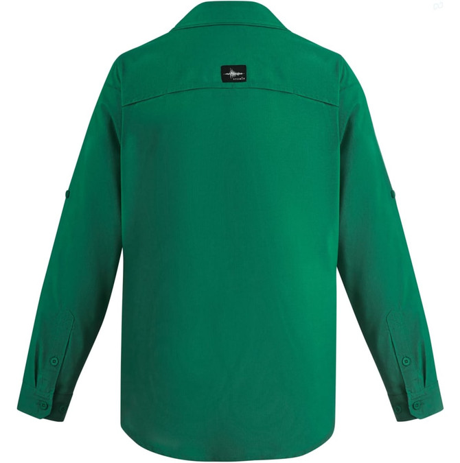 A green long sleeve shirt with a button-up front and a logo on the back.