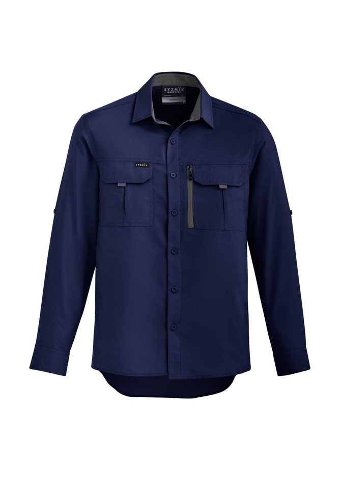 A men's long sleeve outdoor shirt in navy blue, featuring a button-up front and two chest pockets, with a logo.