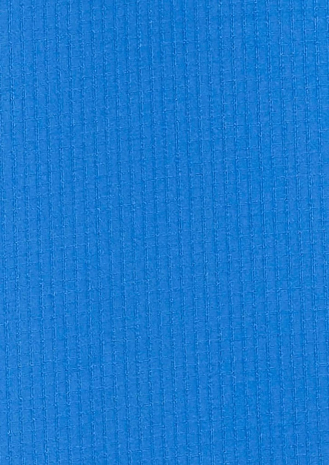 A blue, textured fabric suitable for a men's outdoor long sleeve shirt, featuring a subtle ribbed pattern.