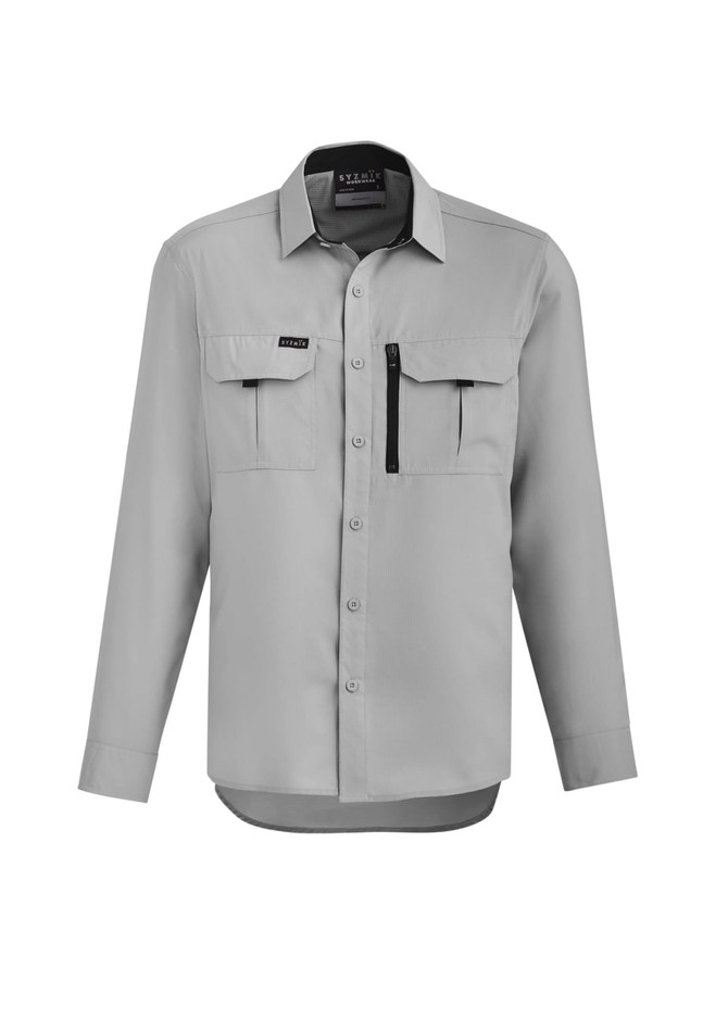 A grey long sleeve button-up shirt with two chest pockets and a zippered pocket. It features a logo.