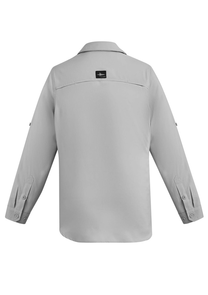 A grey long sleeve button-up shirt with a collar and roll-up sleeve straps. It features a logo on the back.