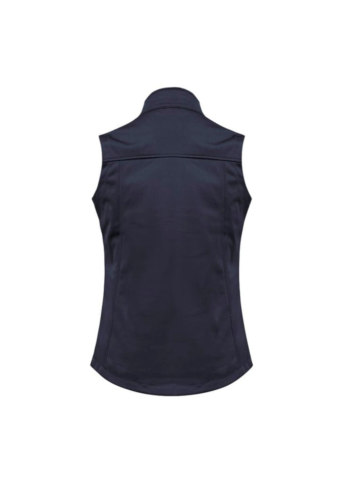 A women's softshell vest in navy blue, featuring a classic sleeveless design and a back view. It has a logo.