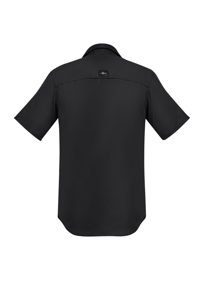 A black short sleeve button-up shirt with a logo on the back. Suitable for outdoor wear.