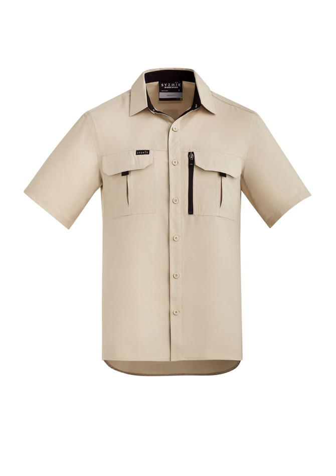 A short sleeve button-up shirt in beige with multiple pockets and a logo.