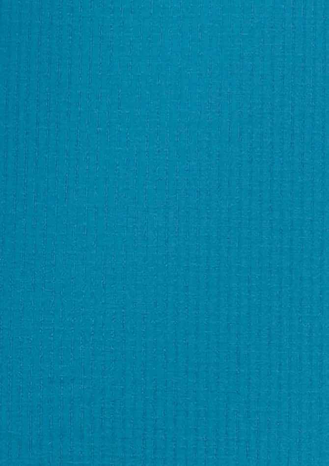 A textured fabric in a bright teal colour, suitable for a men's outdoor short sleeve shirt, featuring a logo.