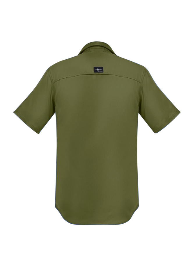 A short-sleeve men's button-up shirt in olive green, featuring a small logo on the back.