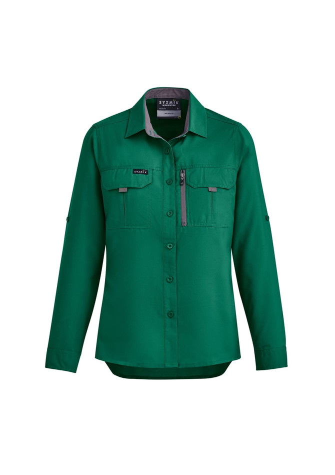 A women's long sleeve button-up shirt in green with two chest pockets and a zip pocket, featuring a logo.