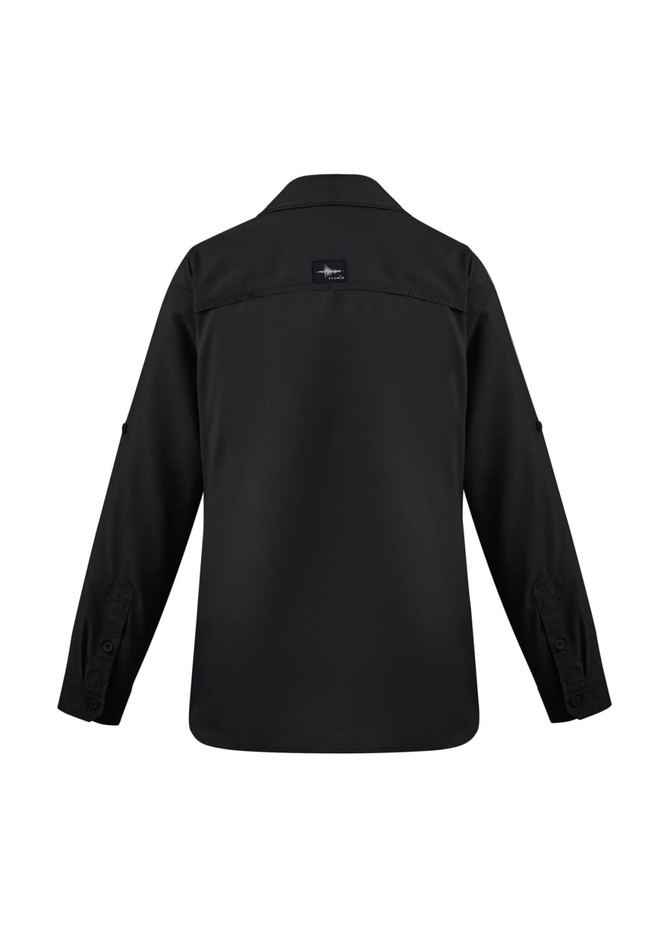 A black long sleeve button-up shirt for women, featuring a collar and a logo on the back.