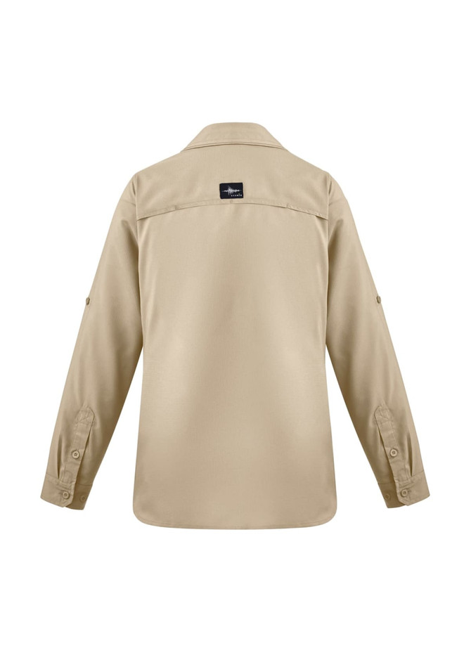 A tan women's outdoor long sleeve button-up shirt with a back yoke and a brand logo.