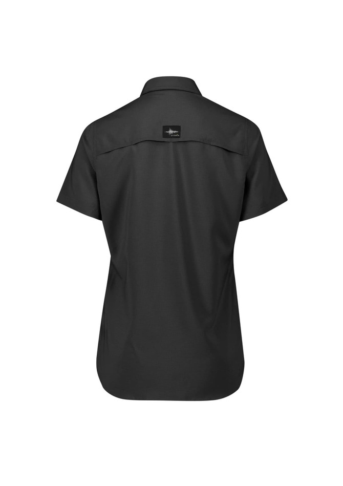 A women's short sleeve shirt in black, featuring a logo on the back and a collared design.