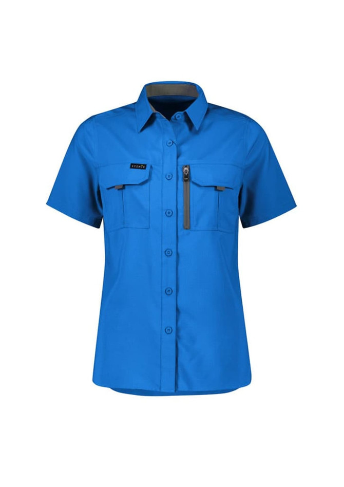 A blue short sleeve shirt with a zippered pocket and two chest pockets, featuring a logo.