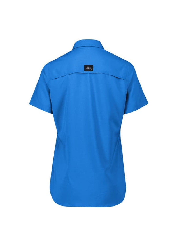 A blue women's outdoor short sleeve shirt with a back yoke and a logo on the upper back.