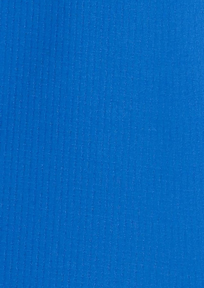 A vibrant blue fabric with a textured finish, suitable for women's outdoor short sleeve shirts. It features a logo.