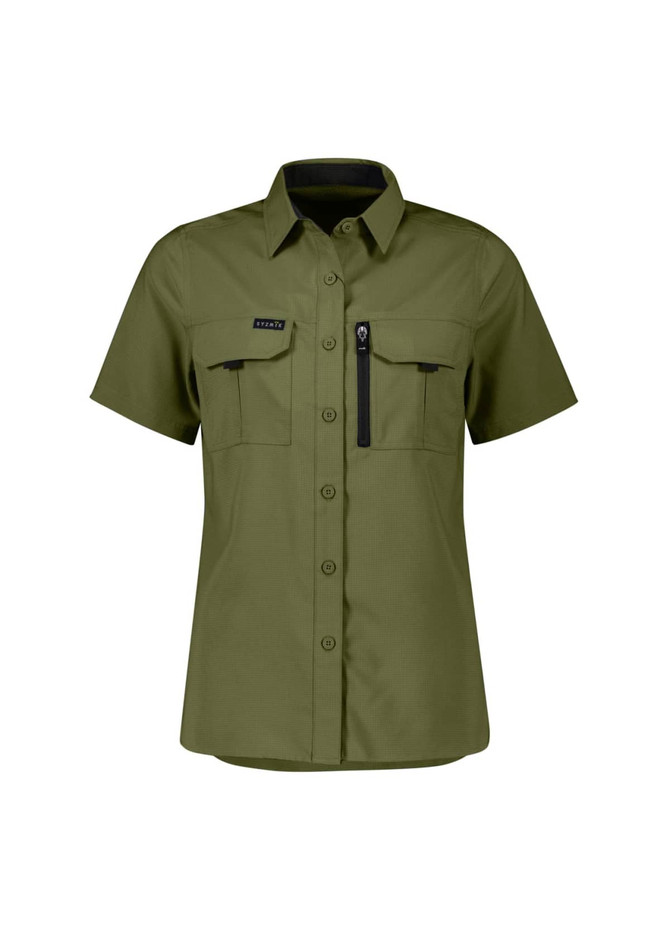 A short sleeve women's outdoor shirt in olive green with two front pockets and a logo.