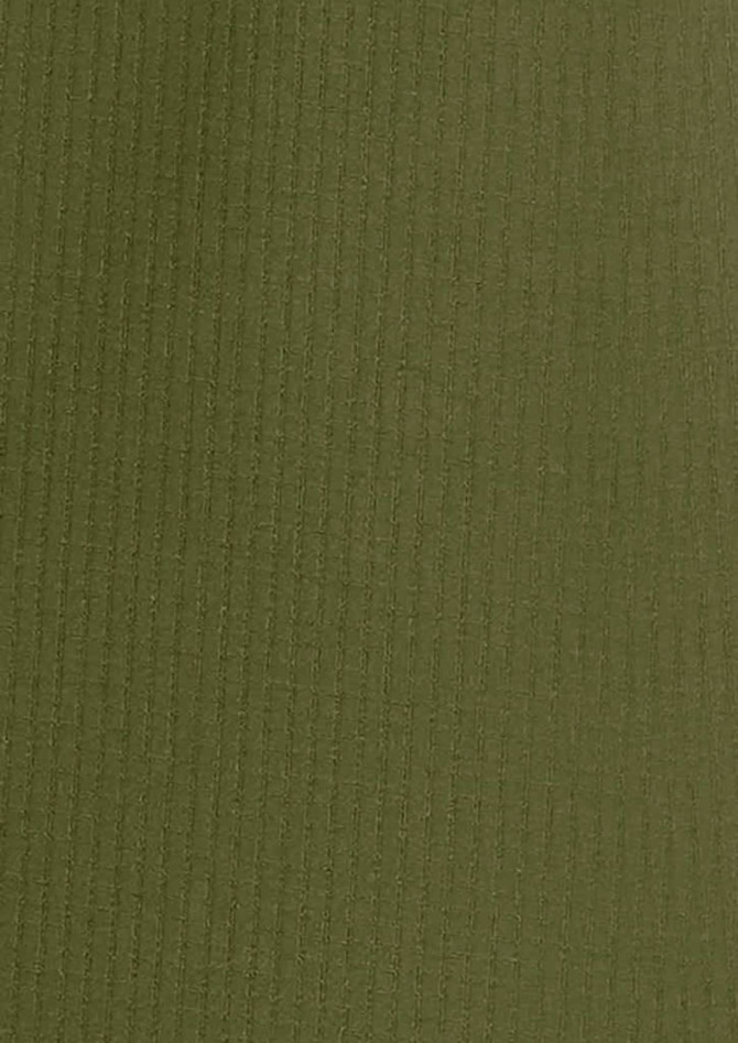 A short sleeve women's shirt in a muted olive green colour with a ribbed texture and a logo.