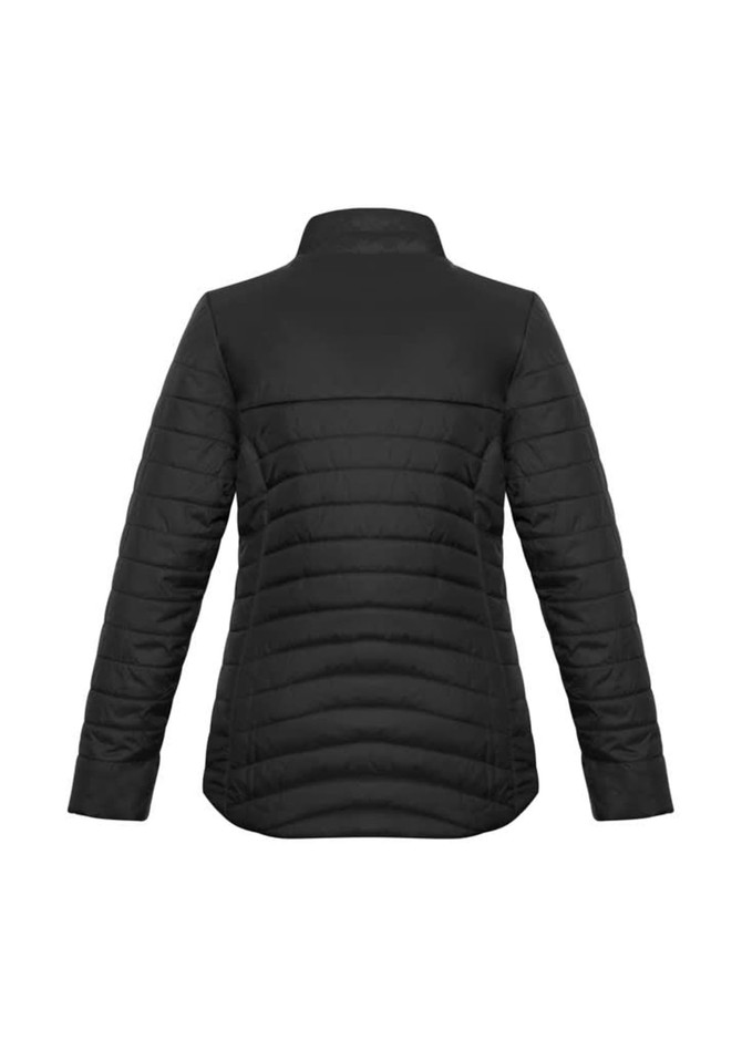 A black puffer jacket with a high collar and textured stitching, featuring a logo on the back.