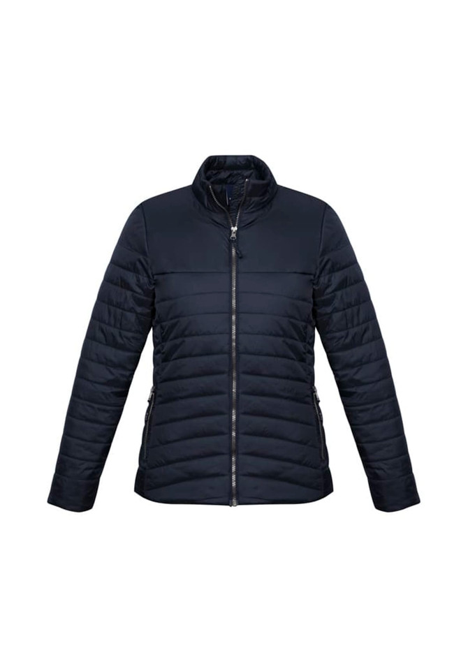 A women's puffer jacket in navy blue with a zip front and side pockets, featuring a logo on the design.