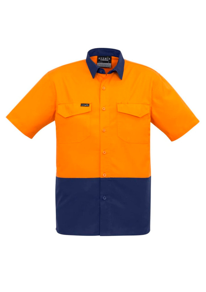A short sleeve work shirt featuring an orange upper and navy blue lower section, with a logo and two chest pockets.