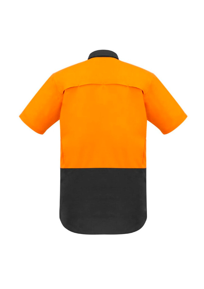 Hi-vis short sleeve shirt featuring an orange upper section and a black lower section, with a logo.