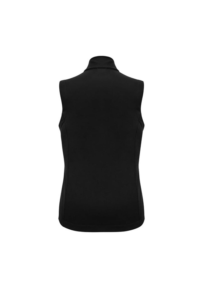 A black women's apex vest featuring a high collar and a fitted design, with a branding logo present.