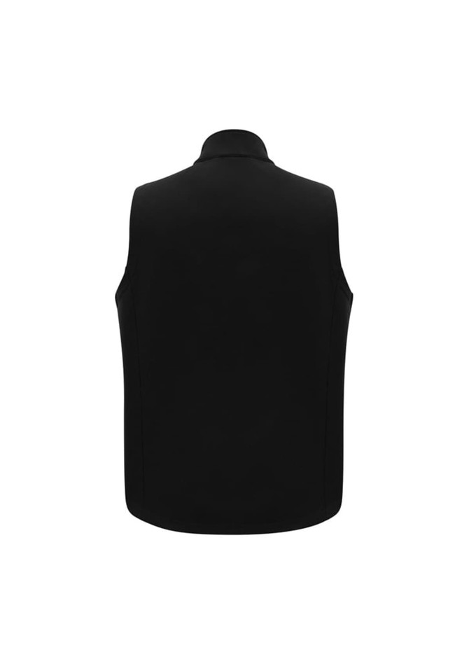 A black men's vest featuring a high collar and a sleek, minimalist design. It includes branding on the back.