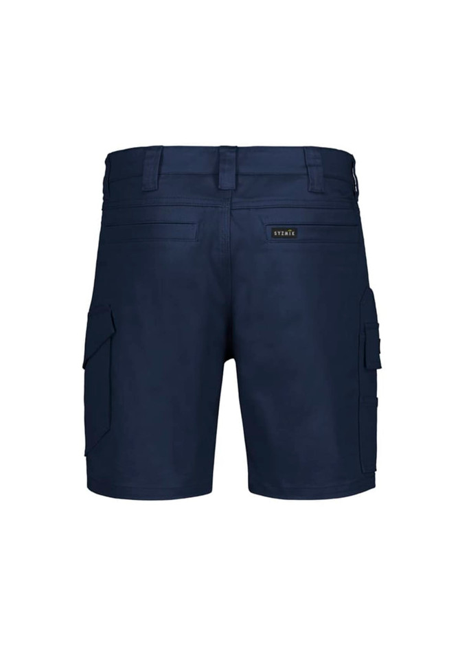 Men's essential stretch cargo shorts in navy, featuring multiple side pockets and a logo label on the back.