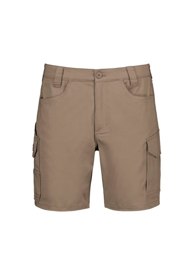 Men's essential stretch cargo shorts in a khaki colour, featuring multiple side pockets and a button closure.