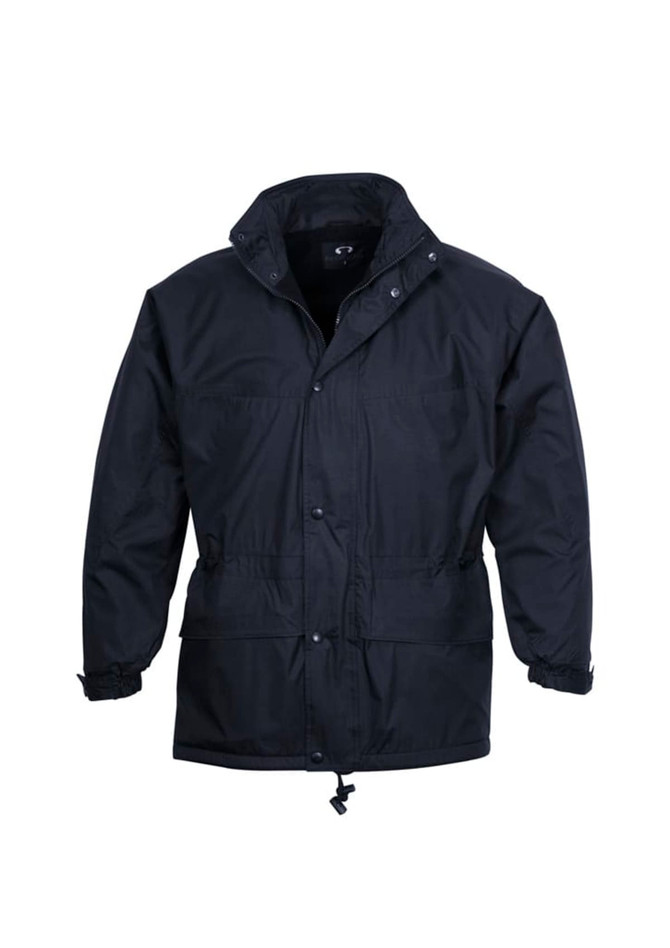 A black unisex puffer jacket featuring a zip and button closure, adjustable cuffs, and a collar. It has a logo.