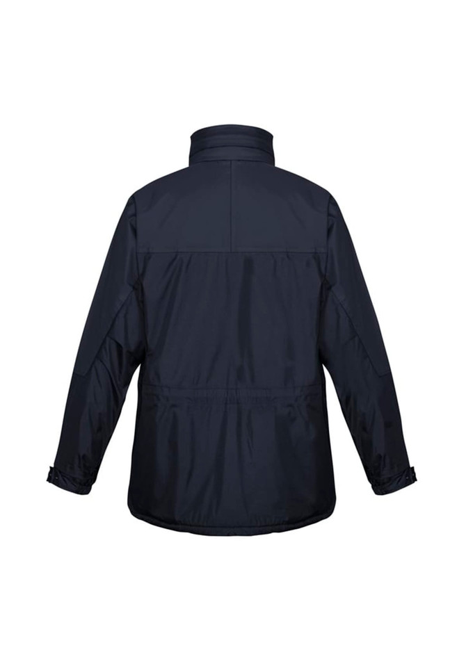A black unisex puffer jacket with a back view, featuring a logo on the side.