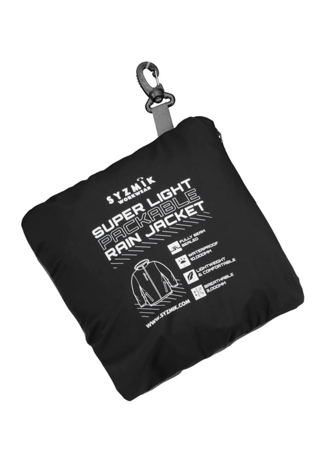 A packable rain jacket in black, folded into a compact pouch with a clip, featuring a logo.