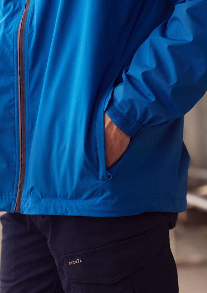 A blue unisex super light packable rain jacket with pockets, featuring a logo on the side.
