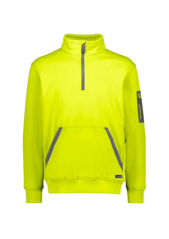 A bright yellow unisex pullover featuring a 1/4 zip and front pockets, with a small logo on the sleeve.