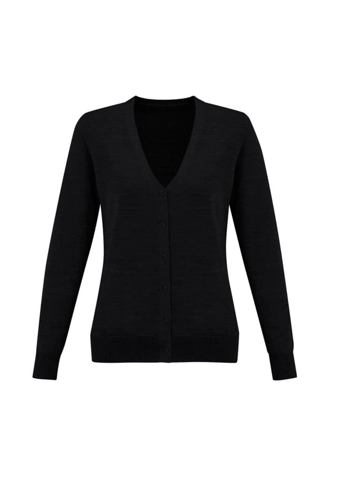 A black women's knitted cardigan featuring a V-neck and button front closure. The sleeves are long and fitted.