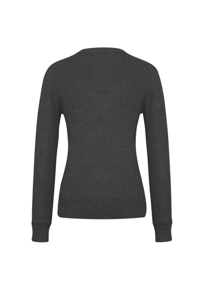 A women's v-neck knit pullover in dark grey, featuring long sleeves and a fitted silhouette from the back.