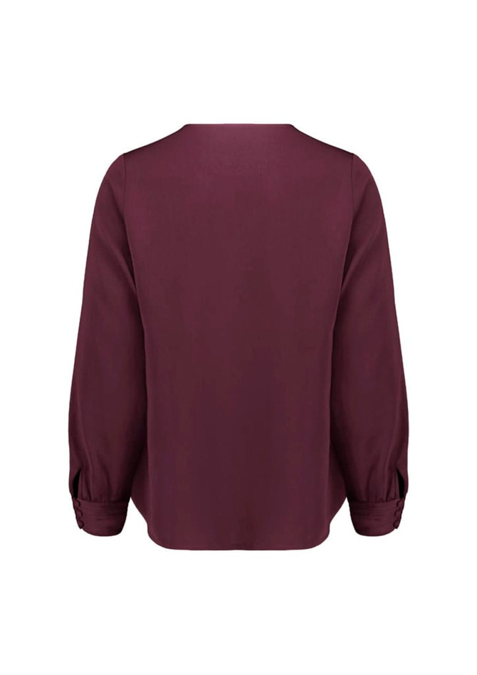 A long-sleeve blouse in a deep burgundy colour, featuring a simple back design with gathered sleeves.