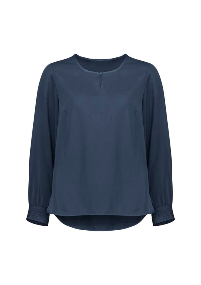 A navy long sleeve blouse with a round neckline and gathered sleeves. It features a subtle sheen and a loose fit.